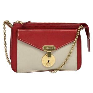 Authentic CELINE Chain Shoulder Bag Leather Red Gold